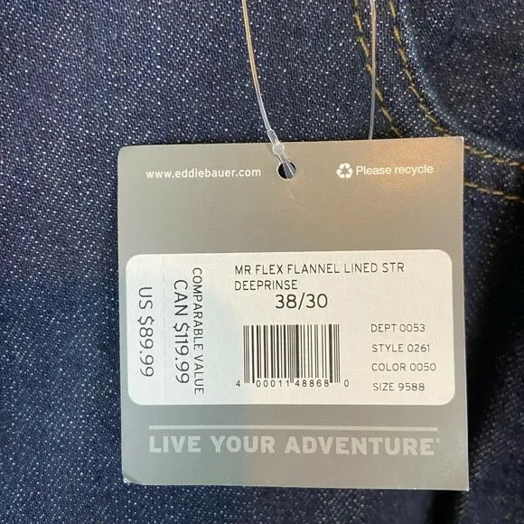 Eddie Bauer Jeans Men's Blue Dark Wash Flannel Lined Straight Leg size 38 X 30